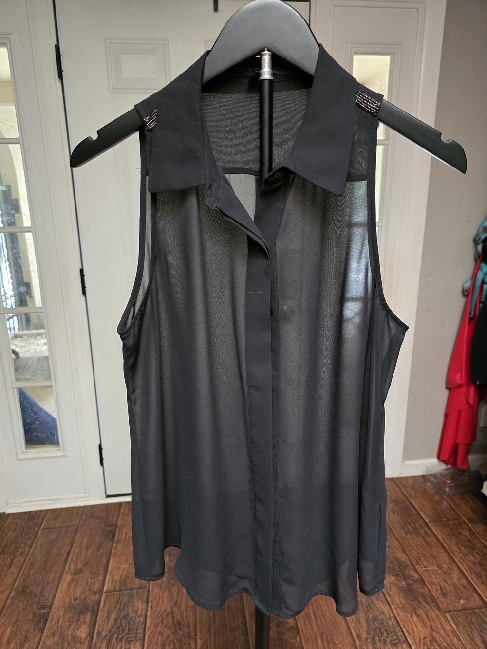 Guess Sheer Black Sleeveless Collared Blouse